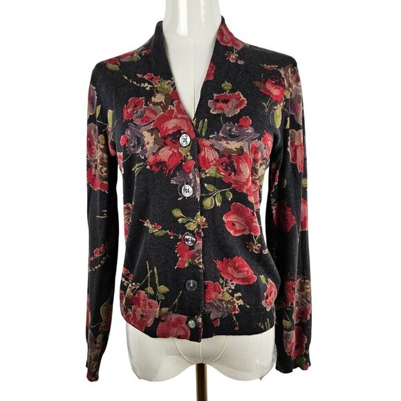 Lauren Ralph Lauren Floral Silk Blend Cardigan Sweater Petite Medium Black Red - Picture 1 of 9